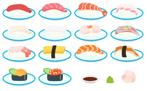 Vector illustration of Sushi illustration set on a plate