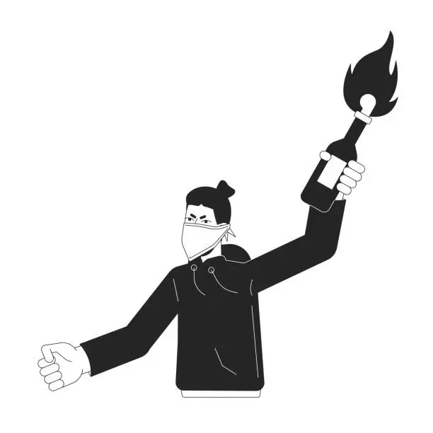 Vector illustration of Rebel holding molotov cocktail flat line black white vector character