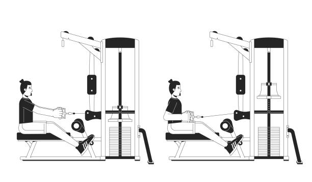 앉아있는 행 기계 bw 벡터 스팟 그림으로 근육 건물 - latissimus dorsi illustrations stock illustrations