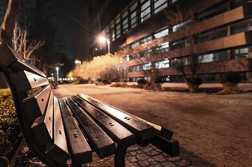 Empty bench in a park at nighttime