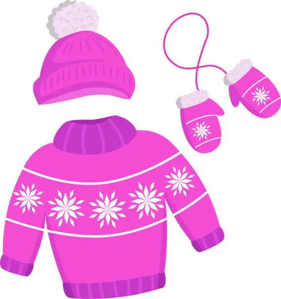 Vector illustration of Vector illustration of a knitted hat, scarf and mittens with a decorative pattern on them, isolated in the background. Traditional Christmas clothes for the head, arms and neck
