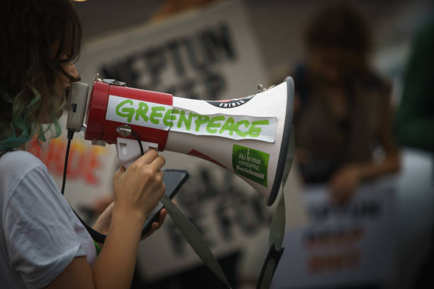 Greenpeace, Bucharest, Romania Bucharest, Romania. 15th Sep, 2023: Greenpeace logo on a megaphone during a climate protection movement in Bucharest. This image is for editorial use only. greenpeace stock pictures, royalty-free photos & images