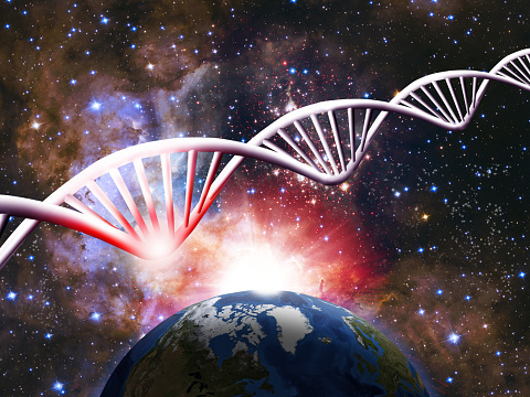 Abstract image of a DNA helix with a problem area marked in red against the backdrop of a cosmic landscap