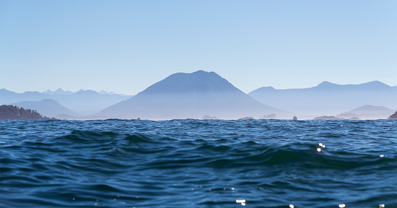 Pacific Ocean panorama landscape on whale watching tour, Tofino, Vancouver Island, British Columbia, Canada.