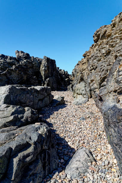 rocky coast in aguas verdes playa del valle fuerteventura canary islands , spain - light sea low tide fuerteventura imagens e fotografias de stock