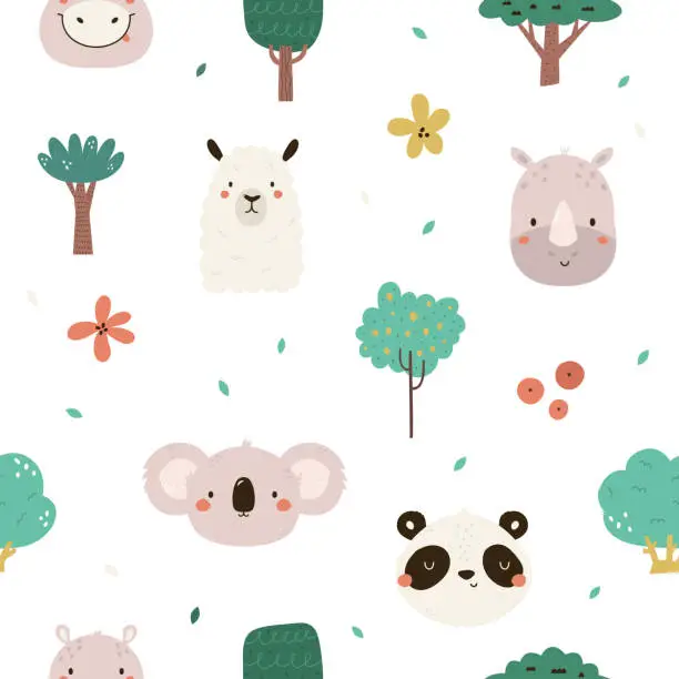 Vector illustration of Seamless pattern with cute animal faces of koala, panda, llama, hippo, rhino and tropical trees