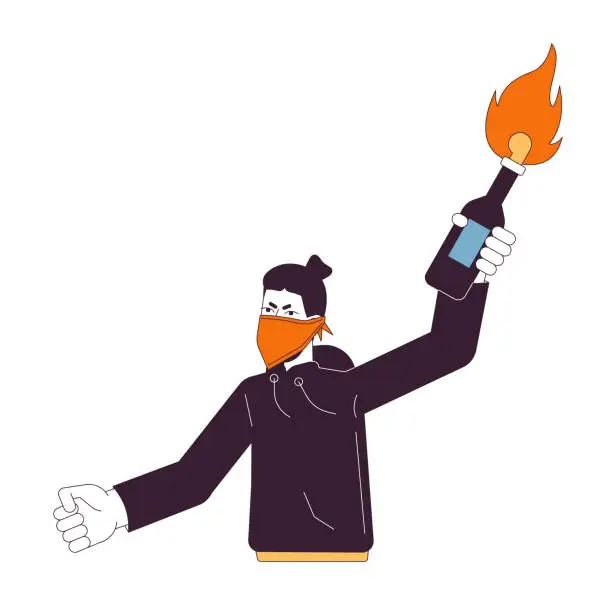 Vector illustration of Rebel holding molotov cocktail flat line color vector character