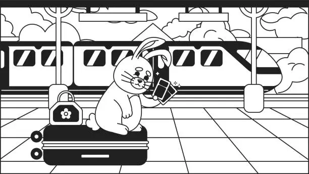 Vector illustration of Traveler rabbit on platform black and white cute chill lo fi wallpaper