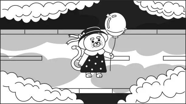 Vector illustration of Kawaii cat with balloon watching clouds black and white cute chill lo fi wallpaper