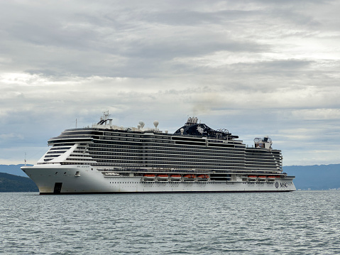 MSC Seaview anchored on the shore of Ilhabela in São Paulo