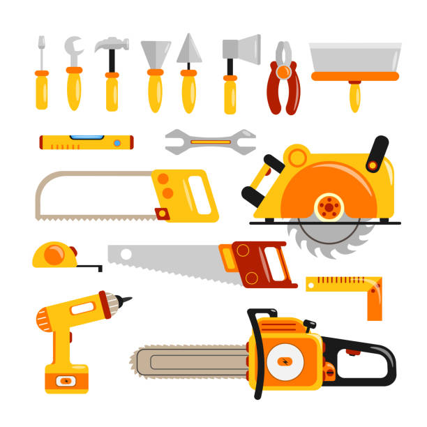 Set of yellow construction tools in cartoon style. Vector illustration of construction screwdrivers, saws, wrenches, pliers, spatulas, tape measures on white background. Set of yellow construction tools in cartoon style. Vector illustration of construction screwdrivers, saws, wrenches, pliers, spatulas, tape measures on white background. white background level hand tool white stock illustrations