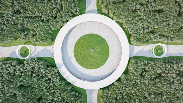 Modern 3D spiritual center architectural design harmonizing with its natural surroundings