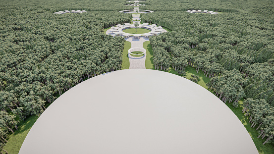 3d render of circular shape buildings surrounded by trees from aerial view. High angle view of rehab center architecture building design in nature.