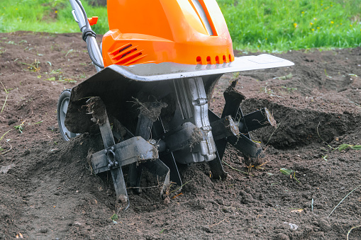 Electric cultivator for cultivating soil in vegetable garden. Ripper knives on ground.