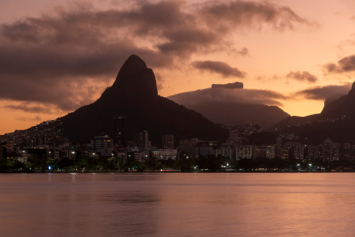 Beautiful sunset at Lagoa Rodrigo de Freitas in Rio de Janeiro with a colorful sky