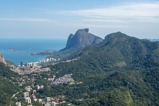 Aerial photo of Rio de Janeiro in a beautiful sunny day with the morro dois irmãos and the Pedra da Gávea