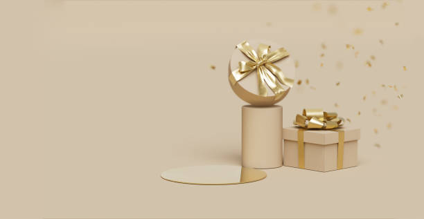 istock 3D podium display. Beige background with gift box showcase for beauty product presentation or text. Gold confetti falling. Pedestal in studio. 3D render Christmas or birthday mockup. 1752868082
