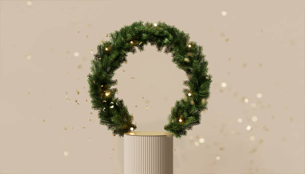 istock 3D podium display. Beige Christmas background for beauty product presentation or text. Green pine wreath with lights and gold confetti. Luxury pedestal showcase round frame. 3D render winter mockup. 1752868546