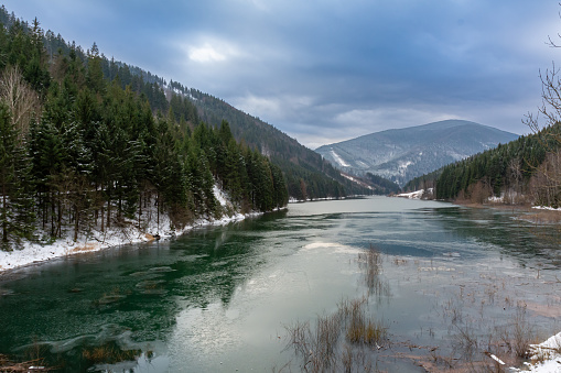 Frozen lake in mountain range surrounded by fir tree's during winter in Europe.
Image taken during winter 2020 in the Czech Republic.