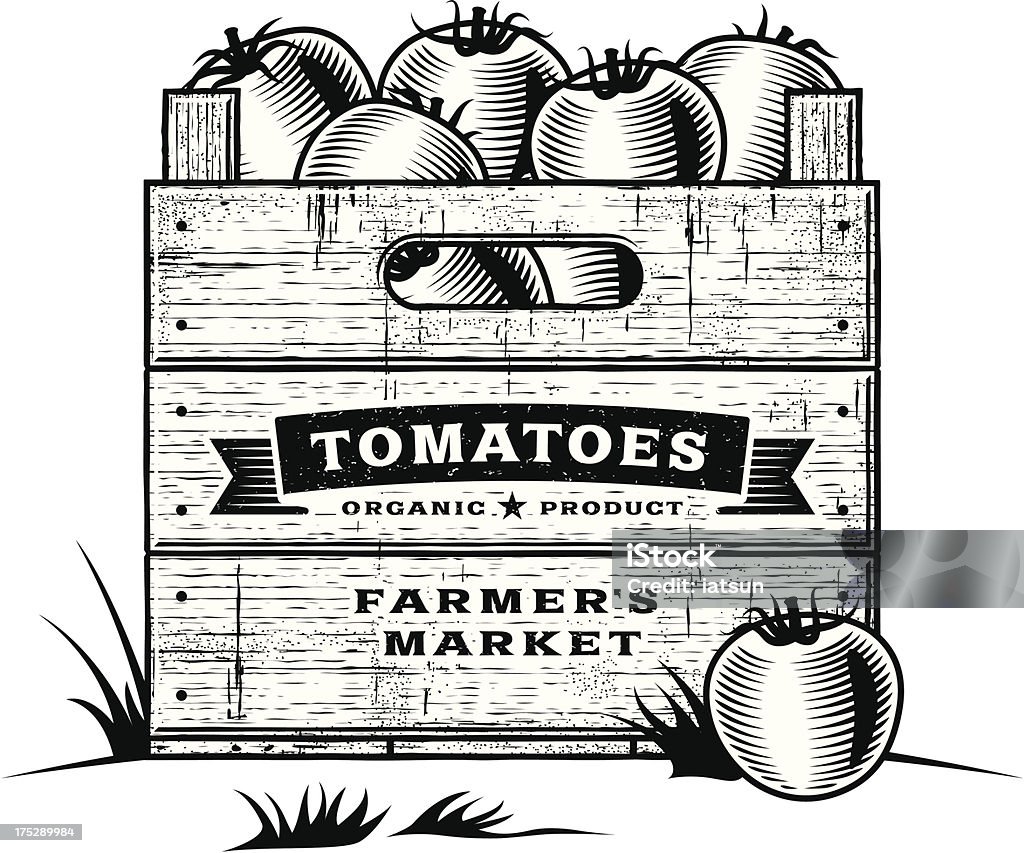 Vintage cassa di pomodori bianco e nero - arte vettoriale royalty-free di Pomodoro