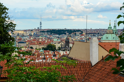Wide angle cityscape of the rooftops and skyline in Prague (Praha), Czech Republic.  20th August 2019