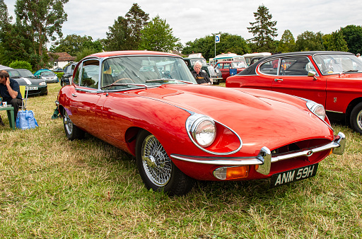 Classic British Jaguar E-type sports car in red. ( Also known as the Jaguar XK-E)\nPowered by a V12 engine.\n\nFront view of a vintage retro car on a sunny day on a grass field.