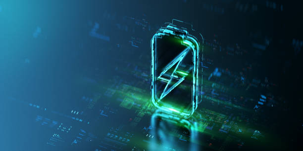 Digital battery hologram on future tech background. Innovations and efficiency of power supply evolution. Futuristic battery icon in world of technological progress and innovation. CGI 3D render stock photo