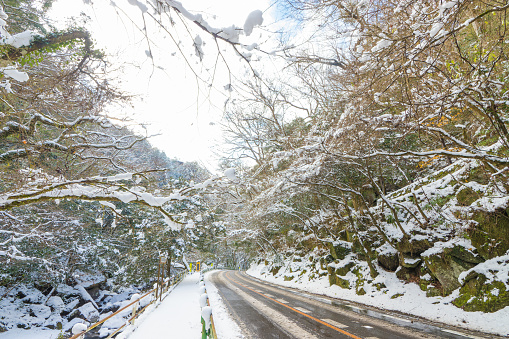 it is Snowy scenery of Yabakei, Nakatsu City, Oita Prefecture, Japan