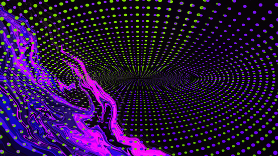 Bright fluid violet, black background. Abstract liquid purple pink wave. Art trippy digital glitch Backdrop. Template. Luxury texture. Dot line. VR. Web3 concept. Blockchain networks. Neon light. NFT