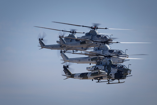 Miramar, California, USA - September 23, 2023: Four Bell AH-1Z Vipers, part of the Marine Air Ground Task Force (MAGTF) at America's Airshow 2023.