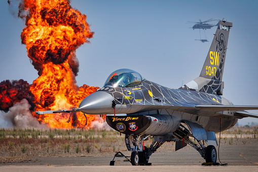 Miramar, California, USA - September 23, 2023: An F-16 Falcon, of the Viper Demonstration Team, during the Marine Air Ground Task Force (MAGTF) Demstration at the 2023 America's Airshow.