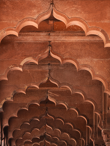 Cusped arches inside the Diwan-i-Am hall in the historic Red Fort (Lal Qila) in Old Delhi, India.
