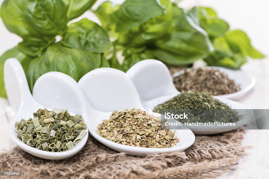 Fresh Herbs Fresh Herbs (macro shot on white wooden background) Backgrounds Stock Photo