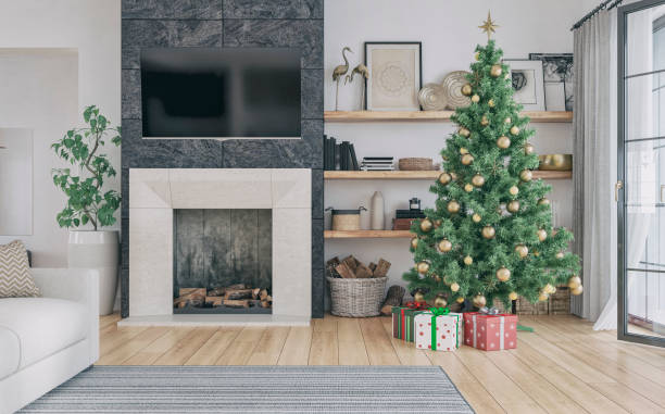 istock A front view of a cozy, luxurious, and modern living room with sofa, table, fireplace, and large blank TV on the wall background 1752932155