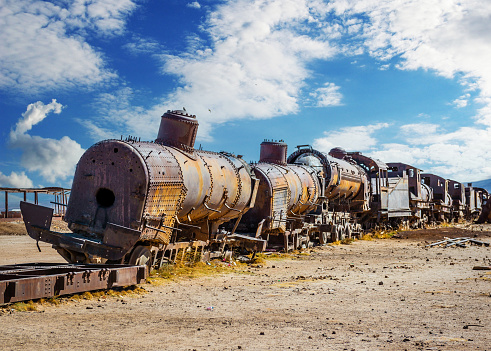 Old cemetery of abandoned steam-powered trains, Uyuni, Bolivia