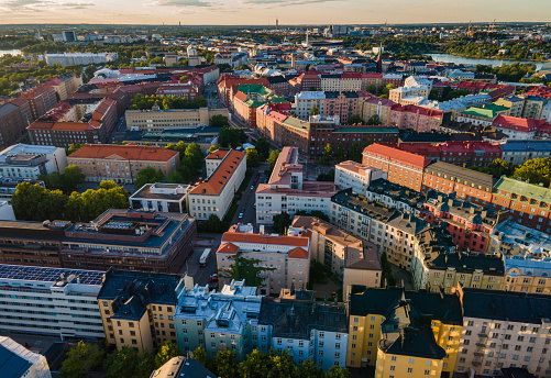 Aerial close view to Helsinki central residental area, old town. Colorful buildings. Sunset droneshot