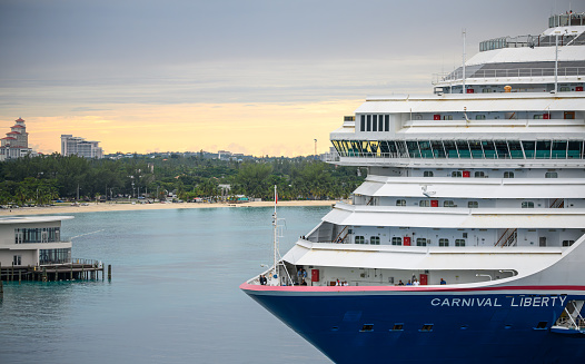 Cruise docked at the harbor. Waterfront Mallorca. Mediterranean sea. Spain