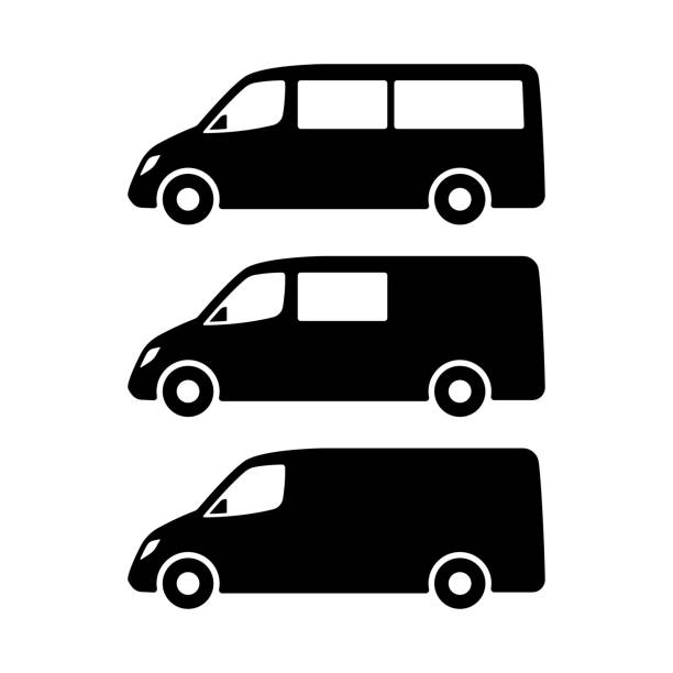 illustrations, cliparts, dessins animés et icônes de icône de minibus. minibus de fret et de fret. silhouette noire. vue latérale. illustration graphique plate simple et vectorielle. objet isolé sur fond blanc. isoler. - car transporter semi truck isolated on white truck