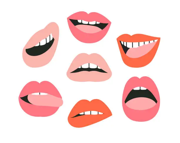 Vector illustration of Illustration of lips with different emotions. Smile, opened mouth with white teeth, tongue. Set of icons.