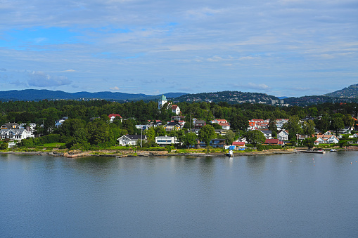 View of the residential area and Villa Grande Bygdoy peninsula near the capital Oslo on the Oslo Fjord, Norway