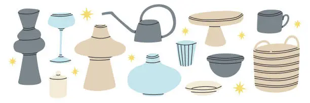 Vector illustration of Set of objects for home decorating. Dishes for serving.