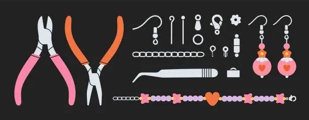 Vector illustration of Big set with equipment for beading and jewelry making. Instruments, silver spare parts, bracelet and earrings.