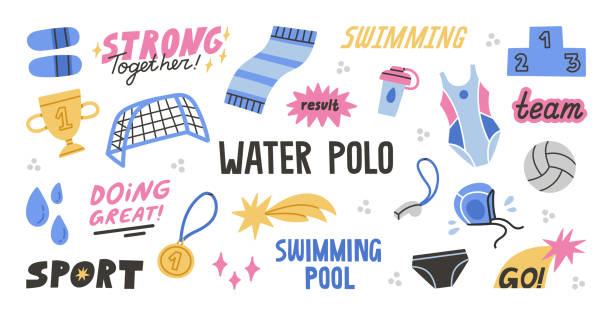 Big set of stickers with water polo equipment and motivational quotes. Vector illustration with water sport and swimming pool  attributes. Colorful hand drawn design concept. water polo cap stock illustrations