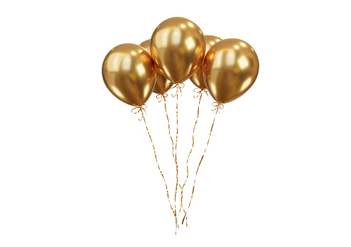 Gold color balloons bunch. Party celebration balloons. 3d rendering. Applicable for birthday holiday design.