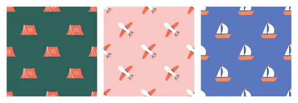 Vector illustration of Set of seamless patterns with symbols of summer holidays with tent, airplane, yacht.