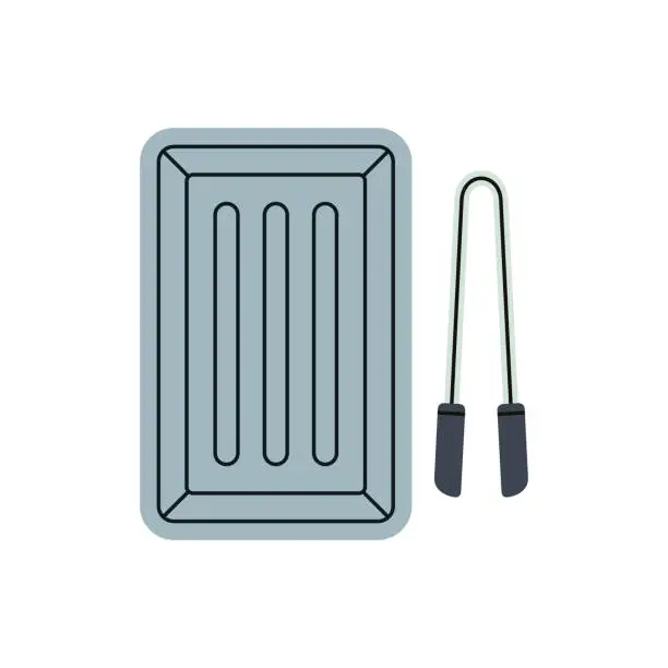 Vector illustration of Hand drawn vector illustration of tongs and tray for chemicals: developer, stop bath, fixer.