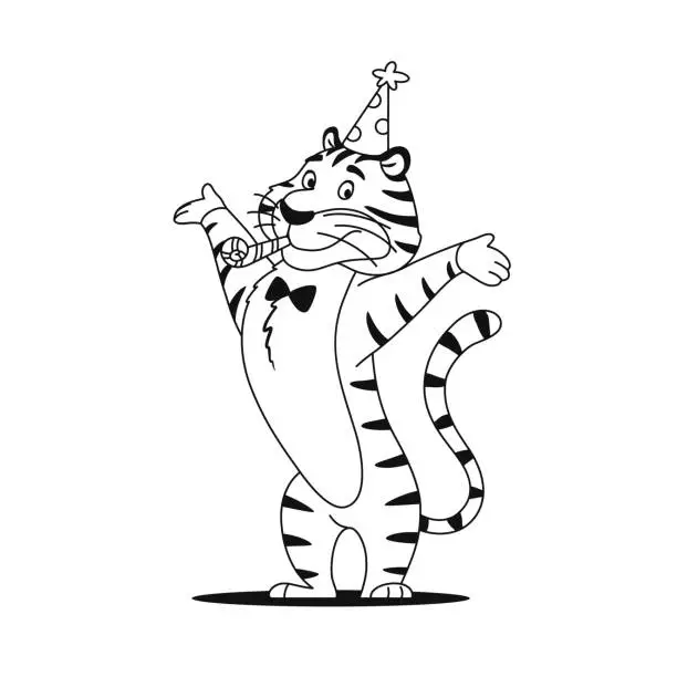 Vector illustration of Coloring page. Cartoon adorable smiling tiger with whistle isolated on white background. Happy wild cat for kids preschool activity. Black and white outline sketch. Coloring book vector illustration.