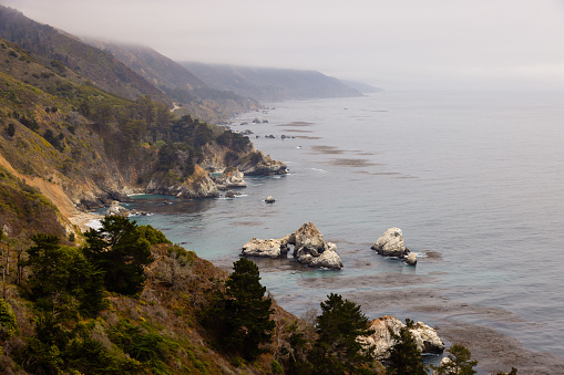 Big Sur is a scenic portion of the California coastline of the Pacific Ocean in near Monterey.