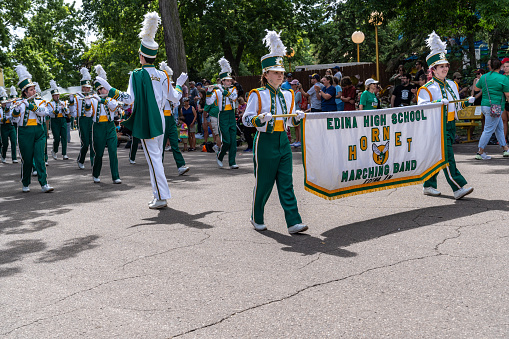 St. Paul, Minnesota - August 26, 2023: Edina High School marching band performs in the parade at the Minnesota State Fair