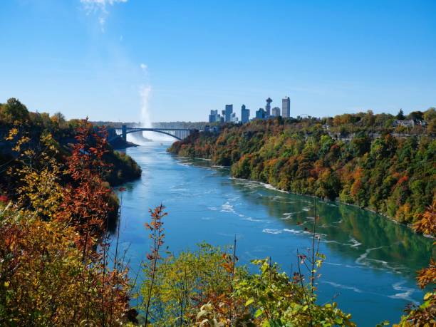 View of Niagara River Gorge from the hiking and biking trail on the American side View of Niagara River Gorge from the hiking and biking trail on the American side, with the Falls in the distance niagara-falls-skyline stock pictures, royalty-free photos & images
